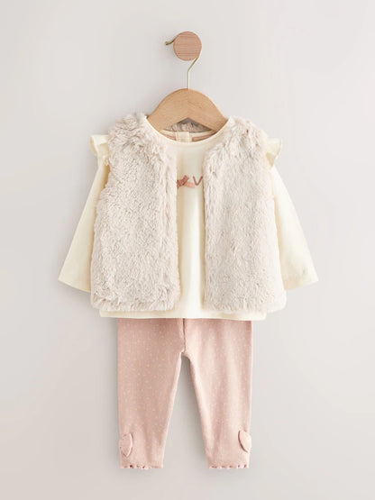 |BabyGirl| Conjunto De 3 Peças De Colete, Blusa e Leggings De Pele Rosa/Creme Para Bebê (0 meses a 2 anos)