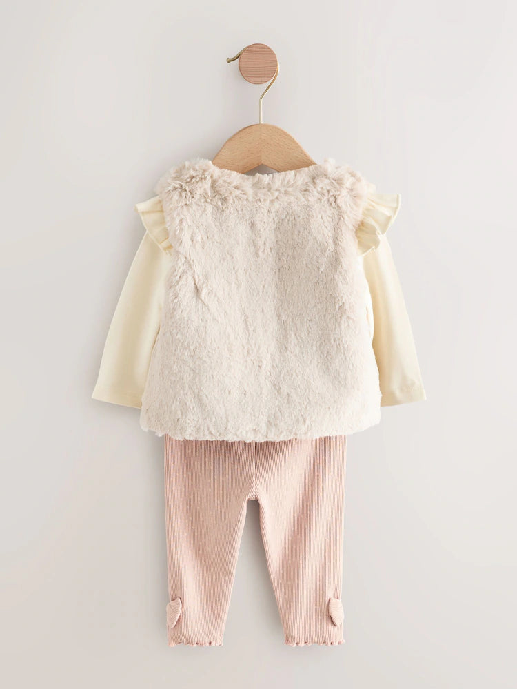 |BabyGirl| Conjunto De 3 Peças De Colete, Blusa e Leggings De Pele Rosa/Creme Para Bebê (0 meses a 2 anos)