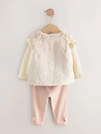 |BabyGirl| Conjunto De 3 Peças De Colete, Blusa e Leggings De Pele Rosa/Creme Para Bebê (0 meses a 2 anos)