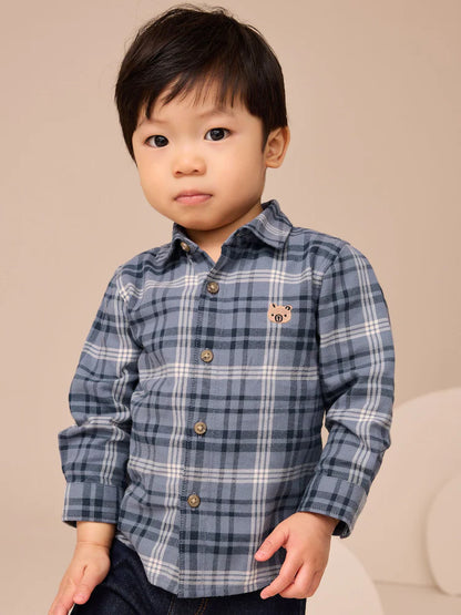 |Boy| Camisa Xadrez De Manga Comprida Com Estampa De Urso Azul (3 meses a 7 anos)