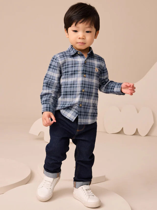 |Boy| Camisa Xadrez De Manga Comprida Com Estampa De Urso Azul (3 meses a 7 anos)