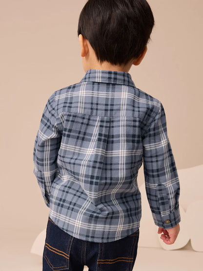 |Boy| Camisa Xadrez De Manga Comprida Com Estampa De Urso Azul (3 meses a 7 anos)