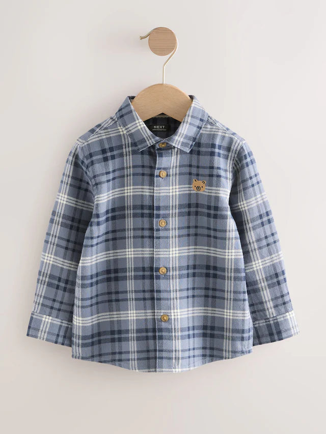 |Boy| Camisa Xadrez De Manga Comprida Com Estampa De Urso Azul (3 meses a 7 anos)