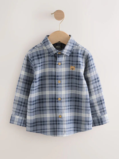 |Boy| Camisa Xadrez De Manga Comprida Com Estampa De Urso Azul (3 meses a 7 anos)