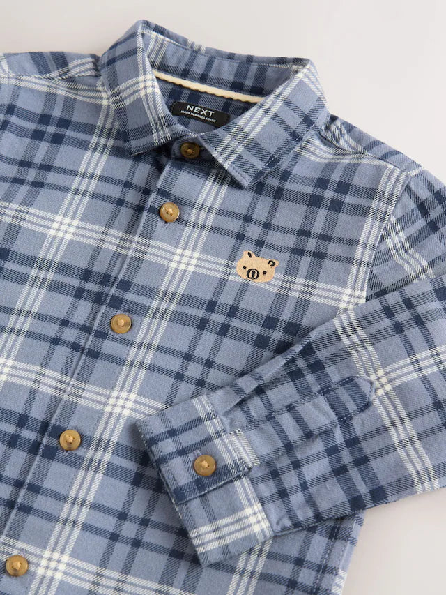 |Boy| Camisa Xadrez De Manga Comprida Com Estampa De Urso Azul (3 meses a 7 anos)