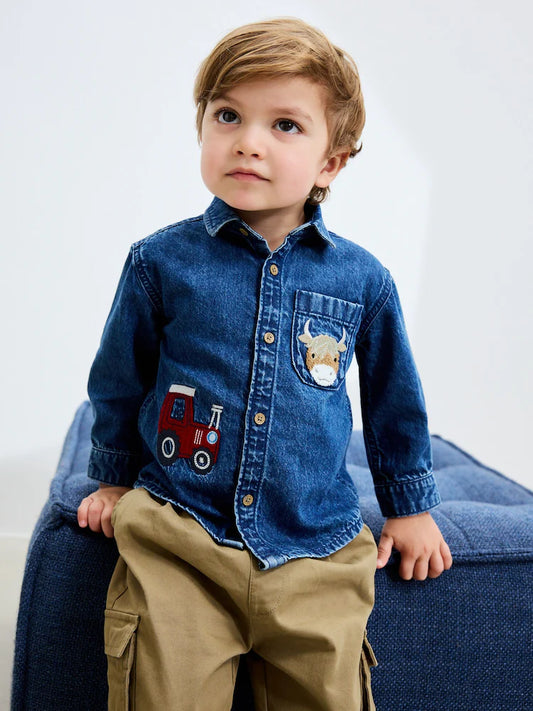 |Boy| Camisa Jeans Azul De Manga Comprida Com Personagem (3 meses a 7 anos)
