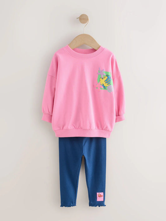 |Girl| Conjunto De Blusa e Leggings De Manga Comprida Rosa Ariel Pequena Sereia (3 meses a 7 anos)