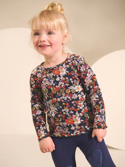 |Girl| Camiseta De Manga Comprida Com Nervuras Florais Azul-Marinho (3 meses a 7 anos)