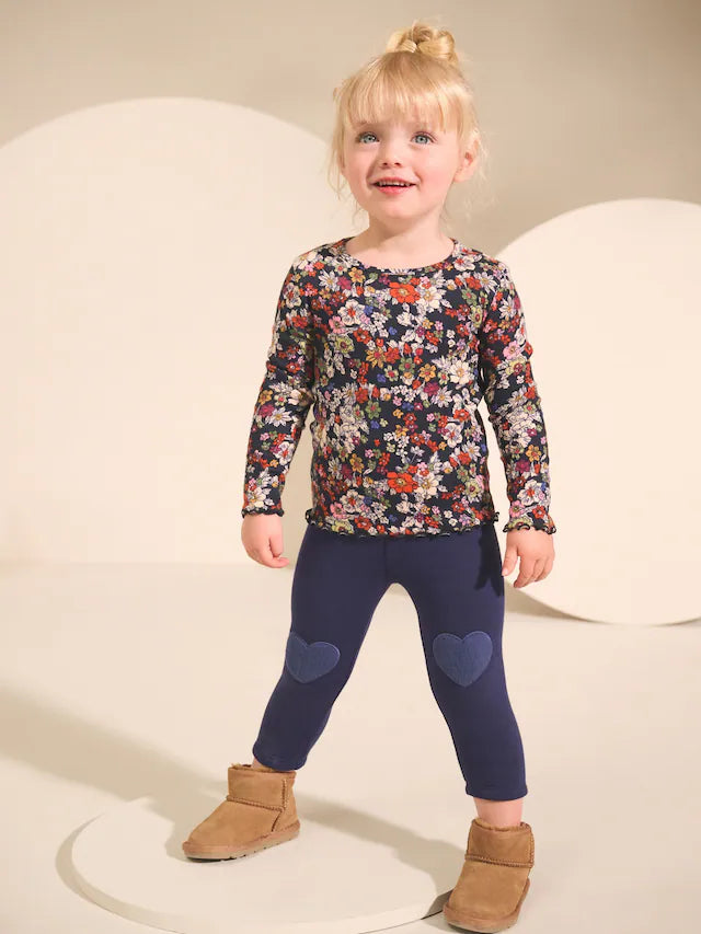 |Girl| Camiseta De Manga Comprida Com Nervuras Florais Azul-Marinho (3 meses a 7 anos)