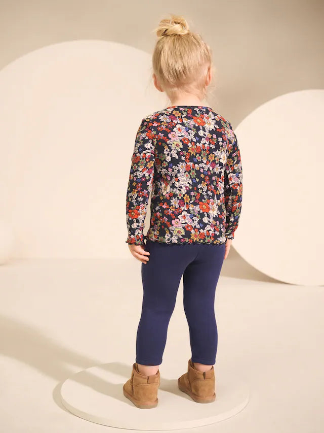 |Girl| Camiseta De Manga Comprida Com Nervuras Florais Azul-Marinho (3 meses a 7 anos)