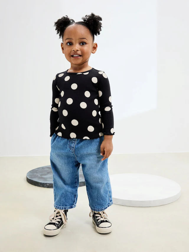 |Girl| Camiseta De Manga Comprida Com Nervuras Pretas e Brancas (3 meses a 7 anos)