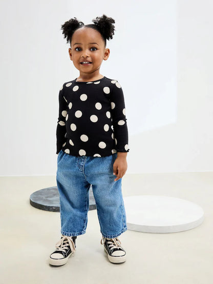 |Girl| Camiseta De Manga Comprida Com Nervuras Pretas e Brancas (3 meses a 7 anos)