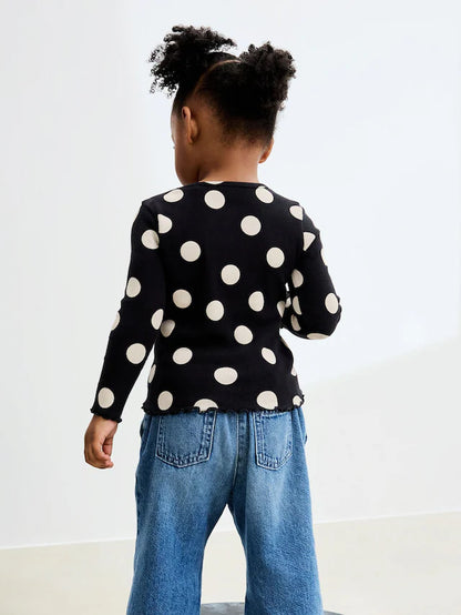 |Girl| Camiseta De Manga Comprida Com Nervuras Pretas e Brancas (3 meses a 7 anos)