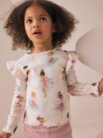 |Girl| Camiseta Manga Comprida Canelada Crua Com Babados (3 meses a 7 anos)