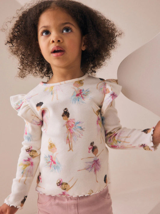 |Girl| Camiseta Manga Comprida Canelada Crua Com Babados (3 meses a 7 anos)