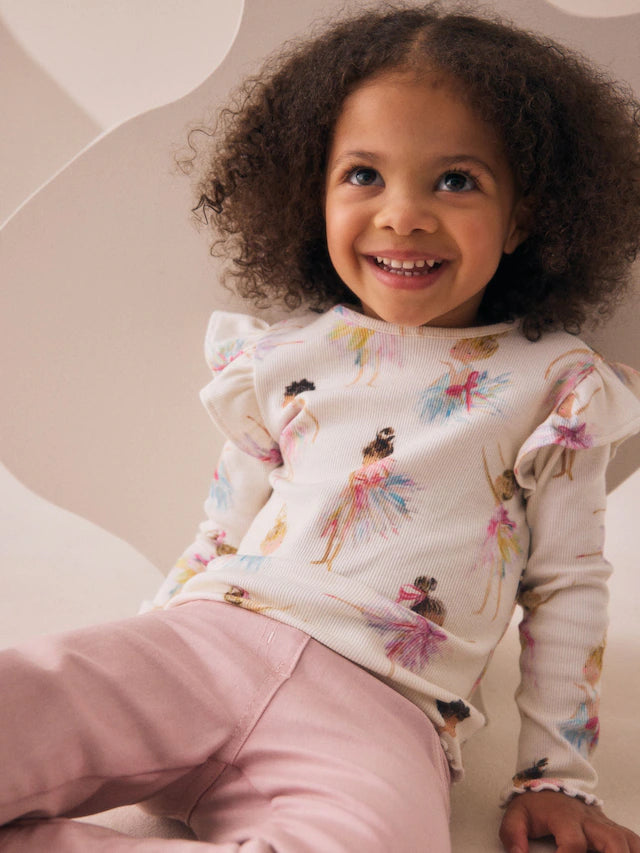 |Girl| Camiseta Manga Comprida Canelada Crua Com Babados (3 meses a 7 anos)