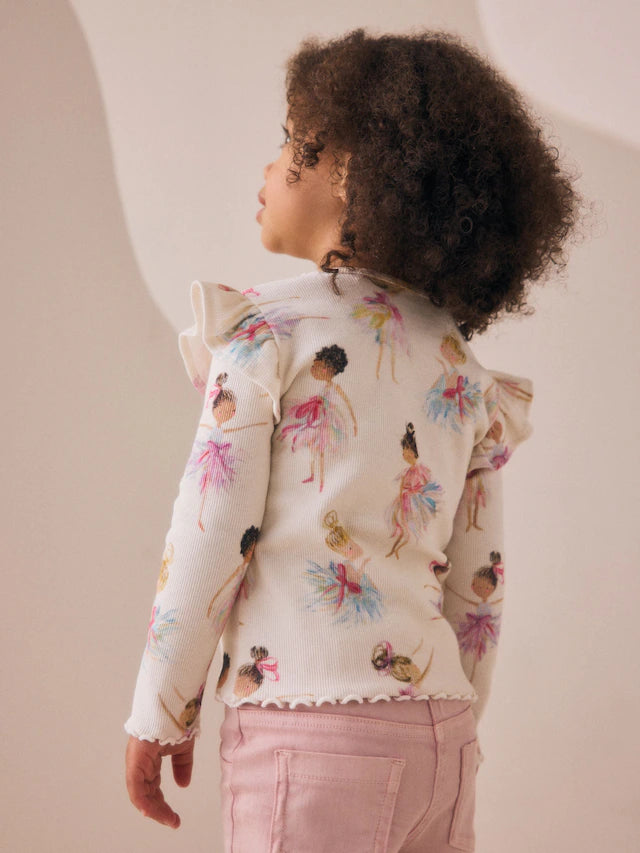 |Girl| Camiseta Manga Comprida Canelada Crua Com Babados (3 meses a 7 anos)