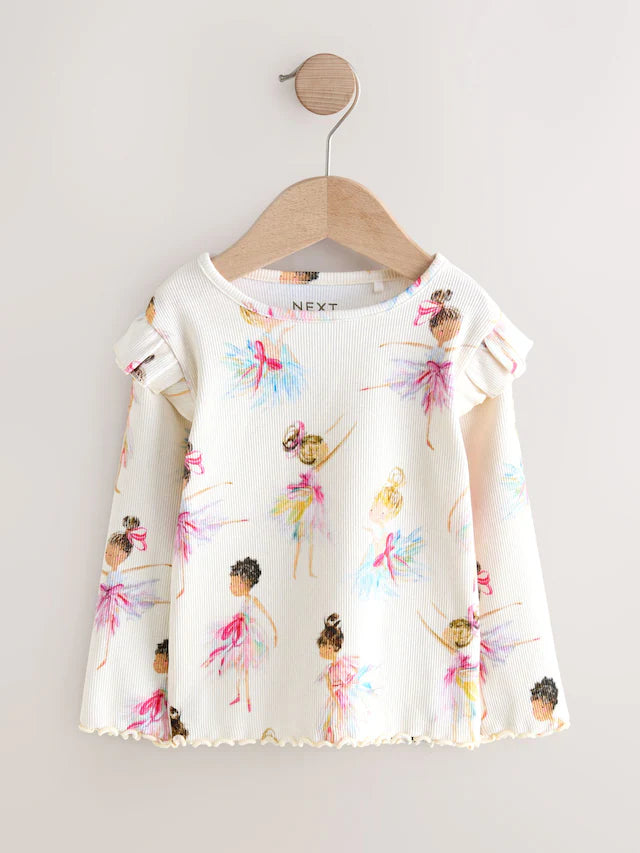 |Girl| Camiseta Manga Comprida Canelada Crua Com Babados (3 meses a 7 anos)