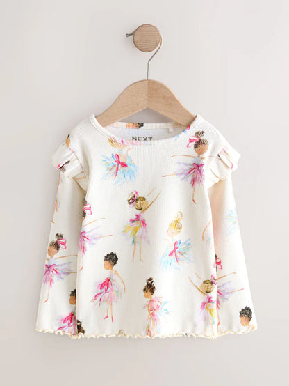 |Girl| Camiseta Manga Comprida Canelada Crua Com Babados (3 meses a 7 anos)