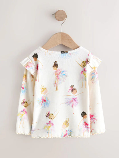 |Girl| Camiseta Manga Comprida Canelada Crua Com Babados (3 meses a 7 anos)