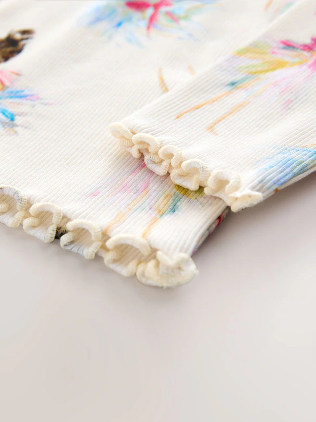 |Girl| Camiseta Manga Comprida Canelada Crua Com Babados (3 meses a 7 anos)