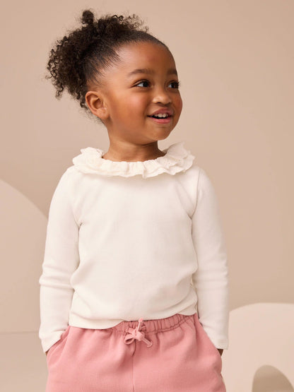 |Girl| Blusa Branca De Manga Comprida Com Gola (3 meses a 7 anos)