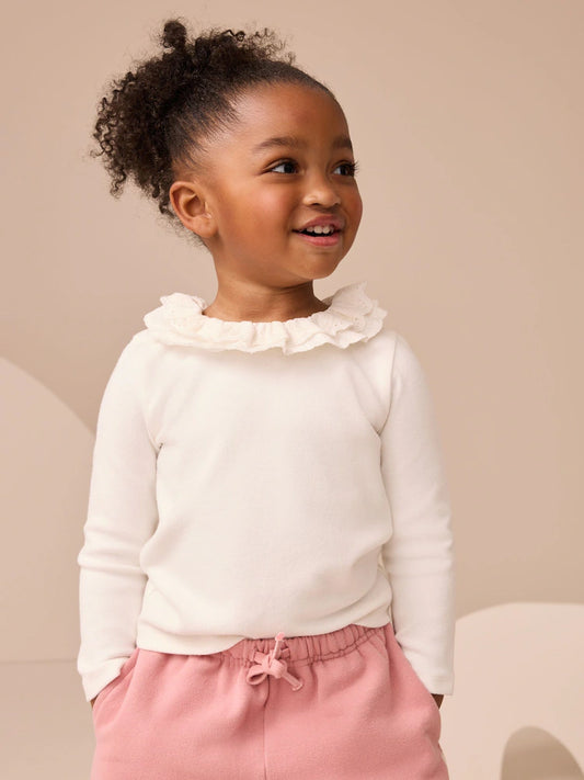 |Girl| Blusa Branca De Manga Comprida Com Gola (3 meses a 7 anos)