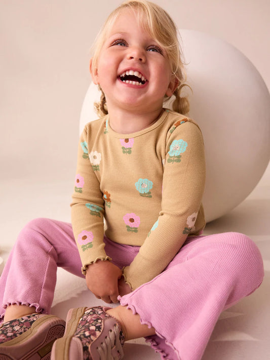 |Girl| Camiseta Marrom Canelada De Manga Comprida (3 meses a 7 anos)