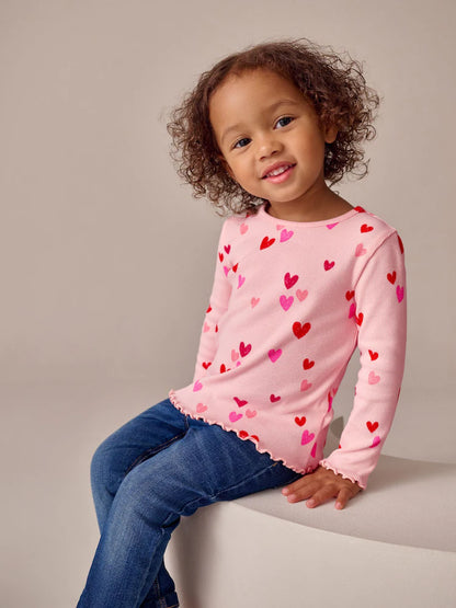 |Girl| Camiseta De Manga Comprida Canelada Com Estampa De Coração Rosa (3 meses a 7 anos)