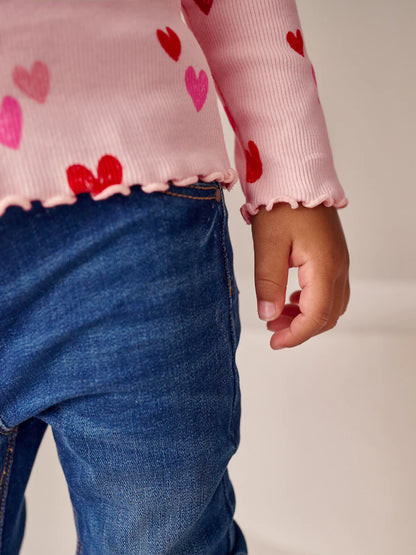 |Girl| Camiseta De Manga Comprida Canelada Com Estampa De Coração Rosa (3 meses a 7 anos)