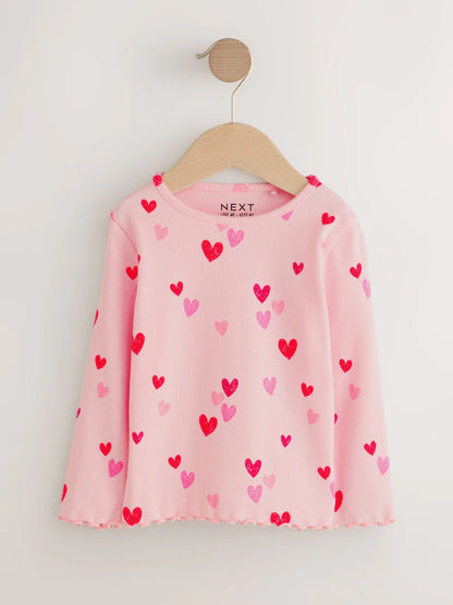 |Girl| Camiseta De Manga Comprida Canelada Com Estampa De Coração Rosa (3 meses a 7 anos)