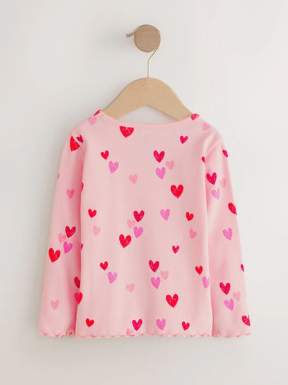 |Girl| Camiseta De Manga Comprida Canelada Com Estampa De Coração Rosa (3 meses a 7 anos)
