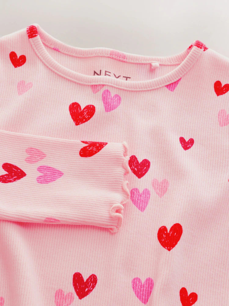 |Girl| Camiseta De Manga Comprida Canelada Com Estampa De Coração Rosa (3 meses a 7 anos)