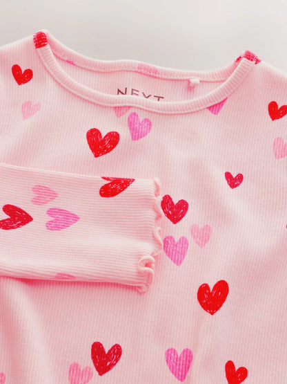 |Girl| Camiseta De Manga Comprida Canelada Com Estampa De Coração Rosa (3 meses a 7 anos)