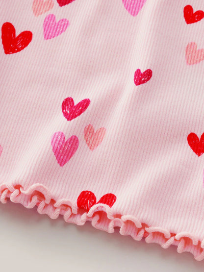 |Girl| Camiseta De Manga Comprida Canelada Com Estampa De Coração Rosa (3 meses a 7 anos)