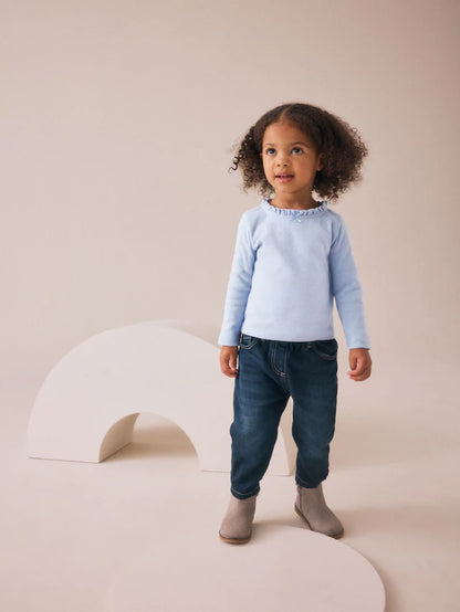 |Girl| Camiseta Pointelle Azul Manga Longa (3 meses a 7 anos)