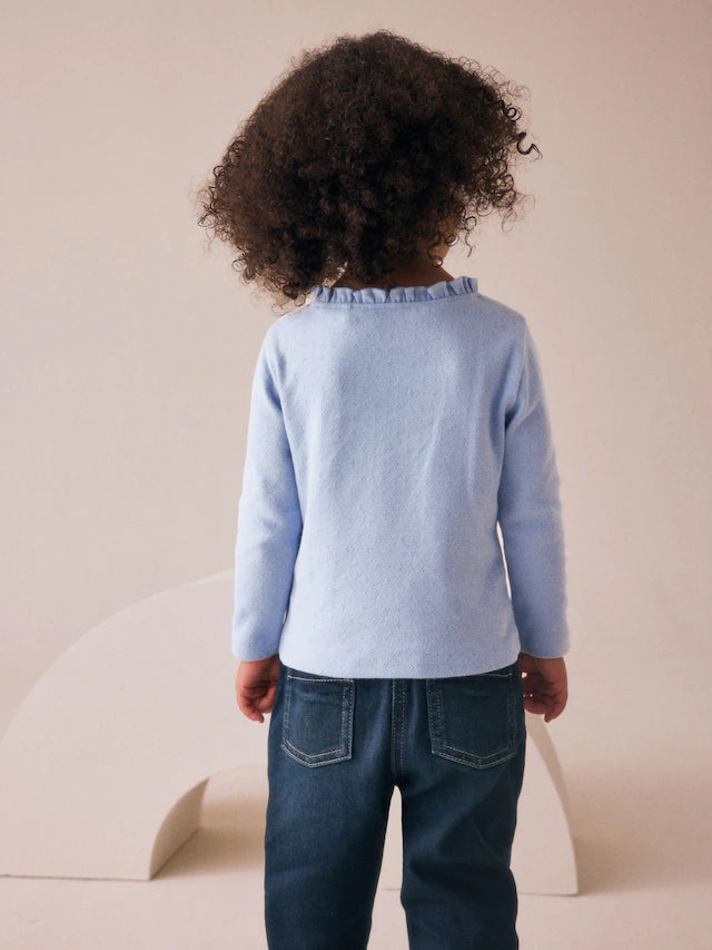 |Girl| Camiseta Pointelle Azul Manga Longa (3 meses a 7 anos)