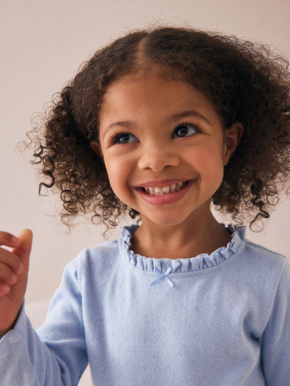 |Girl| Camiseta Pointelle Azul Manga Longa (3 meses a 7 anos)