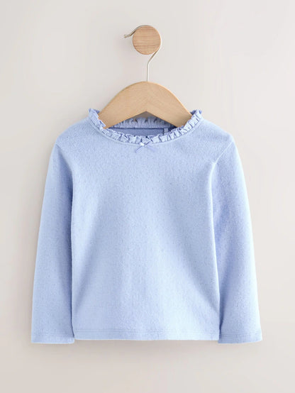 |Girl| Camiseta Pointelle Azul Manga Longa (3 meses a 7 anos)