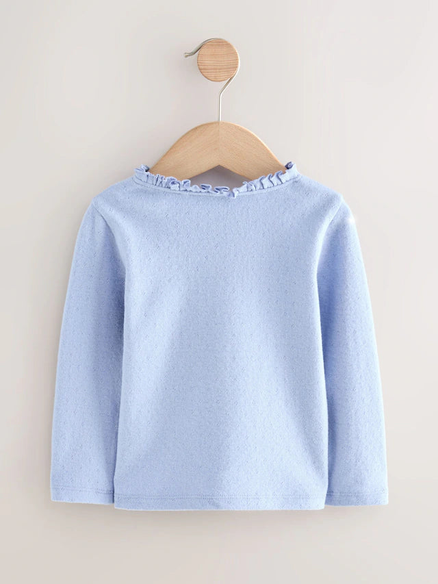 |Girl| Camiseta Pointelle Azul Manga Longa (3 meses a 7 anos)