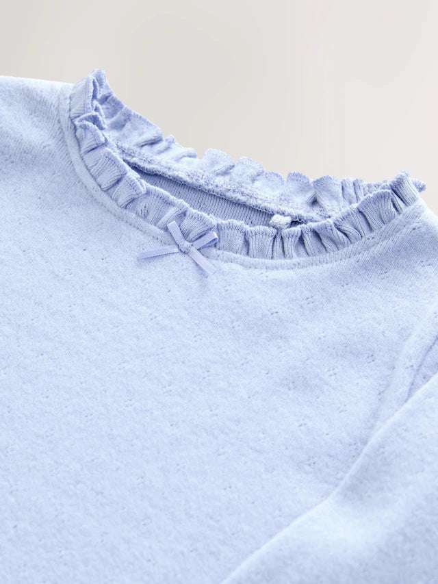 |Girl| Camiseta Pointelle Azul Manga Longa (3 meses a 7 anos)