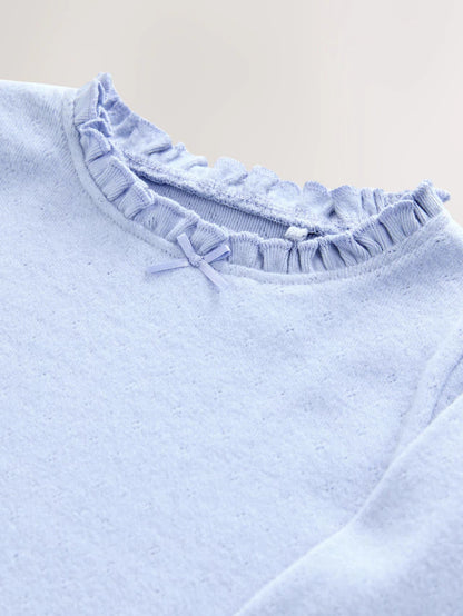 |Girl| Camiseta Pointelle Azul Manga Longa (3 meses a 7 anos)