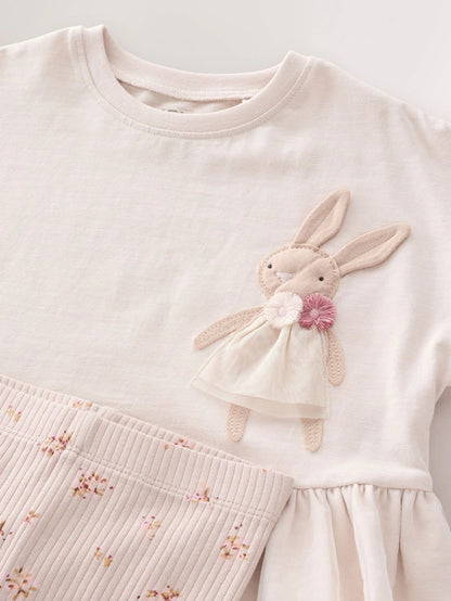 |Girl| Conjunto De Blusa e Leggings De Manga Curta Com Estampa De Coelho Rosa Claro (3 meses a 7 anos)