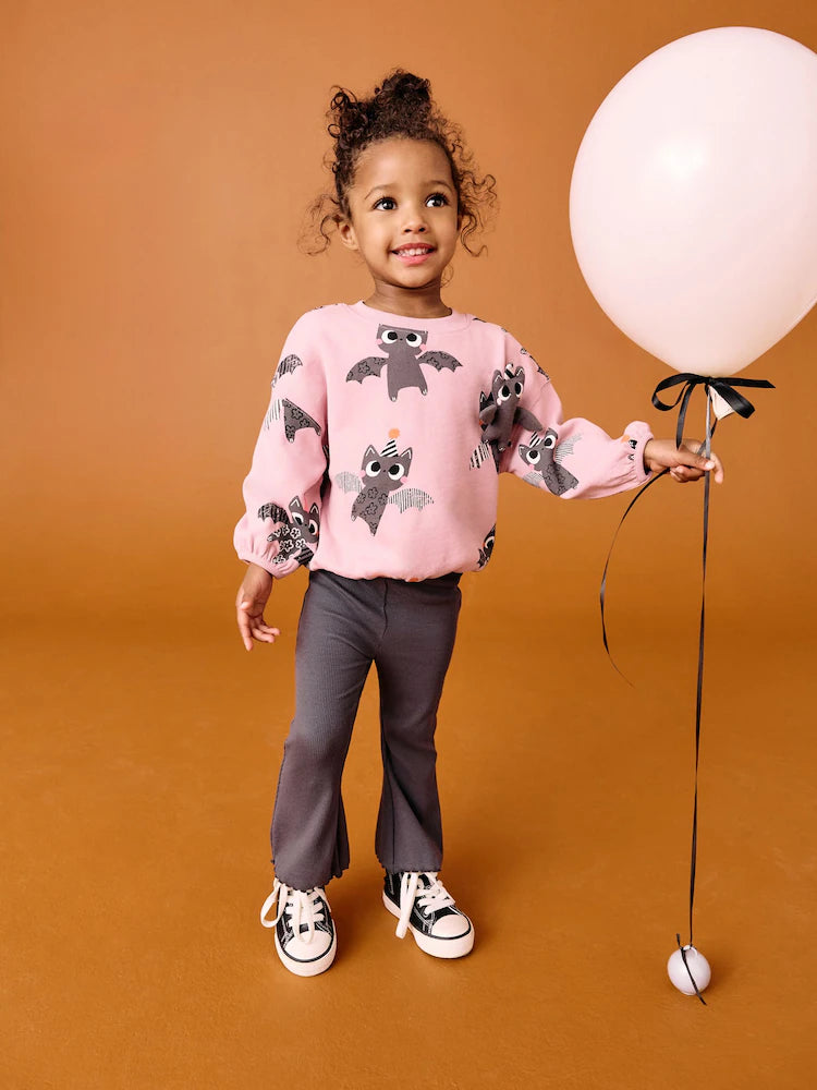 |Girl| Conjunto De Blusa e Calça Flare De Manga Comprida Com Estampa De Morcego Rosa Para Halloween (3 meses a 7 anos)