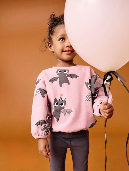 |Girl| Conjunto De Blusa e Calça Flare De Manga Comprida Com Estampa De Morcego Rosa Para Halloween (3 meses a 7 anos)