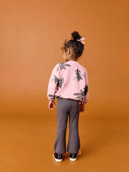 |Girl| Conjunto De Blusa e Calça Flare De Manga Comprida Com Estampa De Morcego Rosa Para Halloween (3 meses a 7 anos)