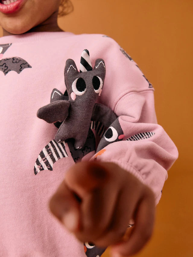 |Girl| Conjunto De Blusa e Calça Flare De Manga Comprida Com Estampa De Morcego Rosa Para Halloween (3 meses a 7 anos)