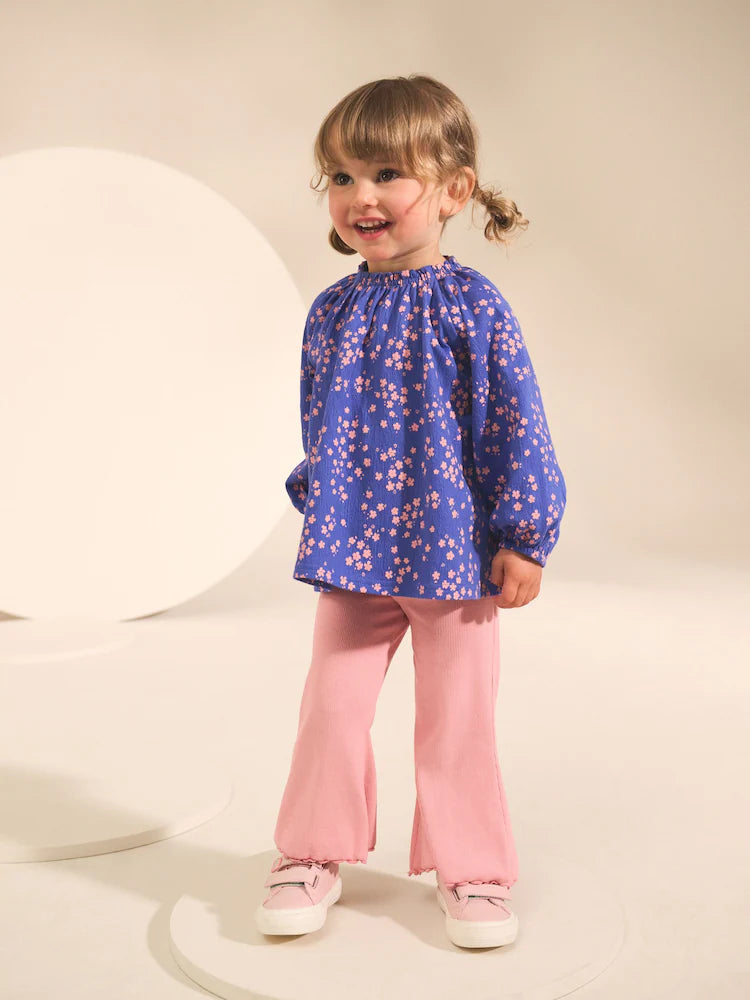 |Girl| Conjunto De Blusa e Leggings De Manga Comprida Com Estampa Floral Azul (3 meses a 7 anos)