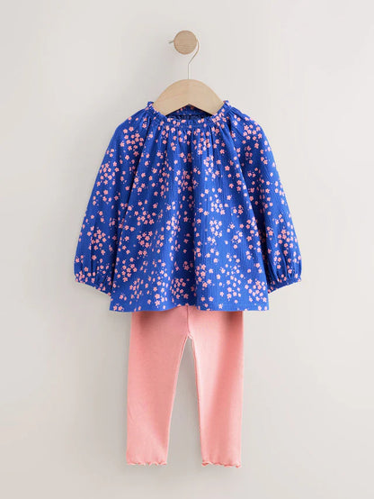 |Girl| Conjunto De Blusa e Leggings De Manga Comprida Com Estampa Floral Azul (3 meses a 7 anos)