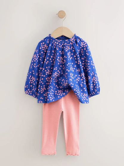 |Girl| Conjunto De Blusa e Leggings De Manga Comprida Com Estampa Floral Azul (3 meses a 7 anos)